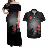 Cook Islands ANZAC Day Couples Matching Off Shoulder Maxi Dress and Hawaiian Shirt Soldier Silhouette Remembrance