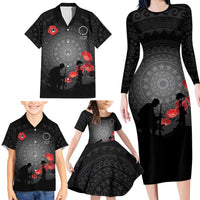 Cook Islands ANZAC Day Family Matching Long Sleeve Bodycon Dress and Hawaiian Shirt Soldier Silhouette Remembrance