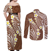 Plumeria With Brown Polynesian Tattoo Pattern Couples Matching Off Shoulder Maxi Dress and Long Sleeve Button Shirt