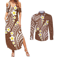 Plumeria With Brown Polynesian Tattoo Pattern Couples Matching Summer Maxi Dress and Long Sleeve Button Shirt