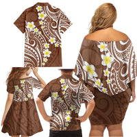 Plumeria With Brown Polynesian Tattoo Pattern Family Matching Off Shoulder Short Dress and Hawaiian Shirt