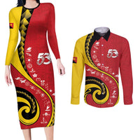 Papua New Guinea Independence Couples Matching Long Sleeve Bodycon Dress and Long Sleeve Button Shirt Special Style Red Version LT05 Red - Polynesian Pride