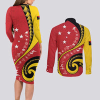 Papua New Guinea Independence Couples Matching Long Sleeve Bodycon Dress and Long Sleeve Button Shirt Special Style Red Version LT05 - Polynesian Pride