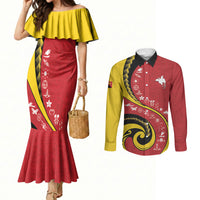 Papua New Guinea Independence Couples Matching Mermaid Dress and Long Sleeve Button Shirt Special Style Red Version LT05 Red - Polynesian Pride