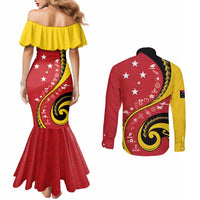 Papua New Guinea Independence Couples Matching Mermaid Dress and Long Sleeve Button Shirt Special Style Red Version LT05 - Polynesian Pride