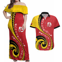 Papua New Guinea 50th Independence Anniversary Couples Matching Off Shoulder Maxi Dress and Hawaiian Shirt Special Style Red Version - Polynesian Pride