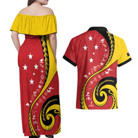 Papua New Guinea Independence Couples Matching Off Shoulder Maxi Dress and Hawaiian Shirt Special Style Red Version LT05 - Polynesian Pride