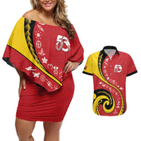 Papua New Guinea Independence Couples Matching Off Shoulder Short Dress and Hawaiian Shirt Special Style Red Version LT05 Red - Polynesian Pride