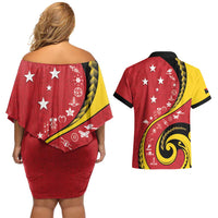 Papua New Guinea Independence Couples Matching Off Shoulder Short Dress and Hawaiian Shirt Special Style Red Version LT05 - Polynesian Pride