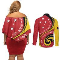 Papua New Guinea 50th Independence Anniversary Couples Matching Off Shoulder Short Dress and Long Sleeve Button Shirt Special Style Red Version - Polynesian Pride