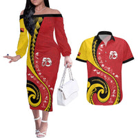 Papua New Guinea 50th Independence Anniversary Couples Matching Off The Shoulder Long Sleeve Dress and Hawaiian Shirt Special Style Red Version - Polynesian Pride