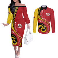 Papua New Guinea Independence Couples Matching Off The Shoulder Long Sleeve Dress and Long Sleeve Button Shirt Special Style Red Version LT05 Red - Polynesian Pride
