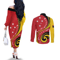 Papua New Guinea Independence Couples Matching Off The Shoulder Long Sleeve Dress and Long Sleeve Button Shirt Special Style Red Version LT05 - Polynesian Pride