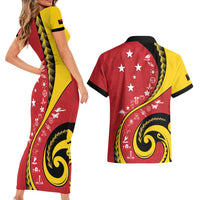 Papua New Guinea 50th Independence Anniversary Couples Matching Short Sleeve Bodycon Dress and Hawaiian Shirt Special Style Red Version - Polynesian Pride