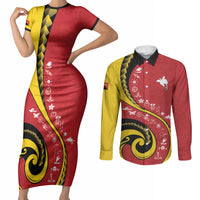 Papua New Guinea Independence Couples Matching Short Sleeve Bodycon Dress and Long Sleeve Button Shirt Special Style Red Version LT05 Red - Polynesian Pride