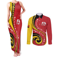 Papua New Guinea 50th Independence Anniversary Couples Matching Tank Maxi Dress and Long Sleeve Button Shirt Special Style Red Version - Polynesian Pride