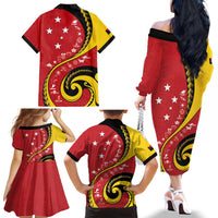 Papua New Guinea 50th Independence Anniversary Family Matching Off The Shoulder Long Sleeve Dress and Hawaiian Shirt Special Style Red Version - Polynesian Pride