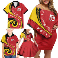 Papua New Guinea Independence Family Matching Off Shoulder Short Dress and Hawaiian Shirt Special Style Red Version LT05 - Polynesian Pride