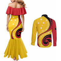 Papua New Guinea Independence Couples Matching Mermaid Dress and Long Sleeve Button Shirt Special Style Yellow Version LT05 - Polynesian Pride