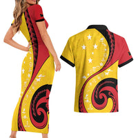 Papua New Guinea 50th Independence Anniversary Couples Matching Short Sleeve Bodycon Dress and Hawaiian Shirt Special Style Yellow Version - Polynesian Pride