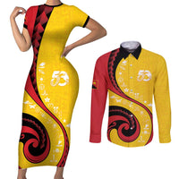 Papua New Guinea 50th Independence Anniversary Couples Matching Short Sleeve Bodycon Dress and Long Sleeve Button Shirt Special Style Yellow Version - Polynesian Pride