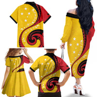 Papua New Guinea 50th Independence Anniversary Family Matching Off The Shoulder Long Sleeve Dress and Hawaiian Shirt Special Style Yellow Version - Polynesian Pride