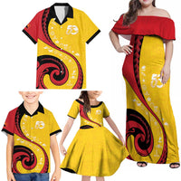 Papua New Guinea 50th Independence Anniversary Family Matching Off Shoulder Maxi Dress and Hawaiian Shirt Special Style Yellow Version - Polynesian Pride