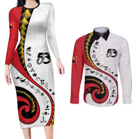 Papua New Guinea 50th Independence Anniversary Couples Matching Long Sleeve Bodycon Dress and Long Sleeve Button Shirt Special Style White Version - Polynesian Pride