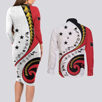 Papua New Guinea Independence Couples Matching Long Sleeve Bodycon Dress and Long Sleeve Button Shirt Special Style White Version LT05 - Polynesian Pride