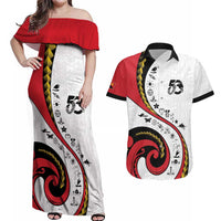 Papua New Guinea 50th Independence Anniversary Couples Matching Off Shoulder Maxi Dress and Hawaiian Shirt Special Style White Version - Polynesian Pride