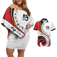Papua New Guinea Independence Couples Matching Off Shoulder Short Dress and Hawaiian Shirt Special Style White Version LT05 White - Polynesian Pride
