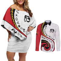 Papua New Guinea 50th Independence Anniversary Couples Matching Off Shoulder Short Dress and Long Sleeve Button Shirt Special Style White Version - Polynesian Pride