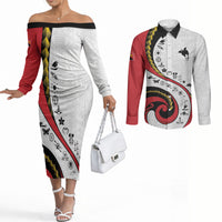 Papua New Guinea Independence Couples Matching Off The Shoulder Long Sleeve Dress and Long Sleeve Button Shirt Special Style White Version LT05 White - Polynesian Pride