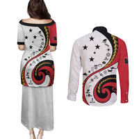 Papua New Guinea 50th Independence Anniversary Couples Matching Puletasi and Long Sleeve Button Shirt Special Style White Version - Polynesian Pride