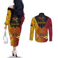 Personalized Papua New Guinea Independence Day Couples Matching Off The Shoulder Long Sleeve Dress and Long Sleeve Button Shirts Bird Of Paradise With Polynesian Pattern LT05 - Polynesian Pride