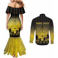 Personalised Palau Independence Day Couples Matching Mermaid Dress and Long Sleeve Button Shirt Palauan Tattoo Pattern - Polynesian Pride
