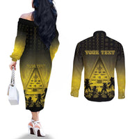 Personalised Palau Independence Day Couples Matching Off The Shoulder Long Sleeve Dress and Long Sleeve Button Shirt Palauan Tattoo Pattern - Polynesian Pride