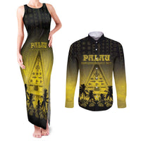 Personalised Palau Independence Day Couples Matching Tank Maxi Dress and Long Sleeve Button Shirt Palauan Tattoo Pattern - Polynesian Pride