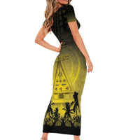 Personalised Palau Independence Day Family Matching Short Sleeve Bodycon Dress and Hawaiian Shirt Palauan Tattoo Pattern - Polynesian Pride