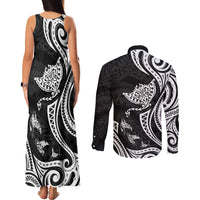 Hawaii Manta Ray Couples Matching Tank Maxi Dress and Long Sleeve Button Shirt Polynesian Art Tattoo