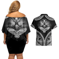 Hawaiian Hawk Couples Matching Off Shoulder Short Dress and Hawaiian Shirt Polynesian Pattern Style