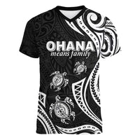 Hawaii Ohana Means Family Women V-Neck T-Shirt Sea Turtle Polynesian Style LT05 Female Black - Polynesian Pride