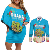 Ohana Hawaii Couples Matching Off Shoulder Short Dress and Long Sleeve Button Shirt Kawaii Family Turtle