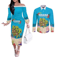 Ohana Hawaii Couples Matching Off The Shoulder Long Sleeve Dress and Long Sleeve Button Shirt Kawaii Family Turtle