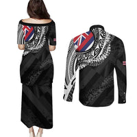 Hawaii King Flag Couples Matching Puletasi and Long Sleeve Button Shirt Hawaiian Maile Lei - Polynesian Pride