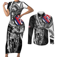 Hawaii King Flag Couples Matching Short Sleeve Bodycon Dress and Long Sleeve Button Shirt Hawaiian Maile Lei LT05 Black - Polynesian Pride