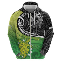 Personalised New Zealand Cook Islands Zip Hoodie Maori Tiki With Circle Stars Turtle LT05 - Polynesian Pride