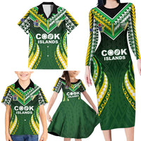 Custom Cook Islands Rugby Family Matching Long Sleeve Bodycon Dress and Hawaiian Shirt Unique Style Green Version - Polynesian Pride