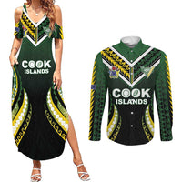 Custom Cook Islands Rugby Couples Matching Summer Maxi Dress and Long Sleeve Button Shirt Unique Style Black Version - Polynesian Pride