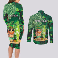 Personalised Hawaii St.Patrick Day Couples Matching Long Sleeve Bodycon Dress and Long Sleeve Button Shirt Surfing Leprechaun LT05 - Polynesian Pride
